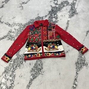 Studio‎ Ho Ho Ho Christmas Zip Cardigan Ramie Cotton Patch Ugly Sweater S